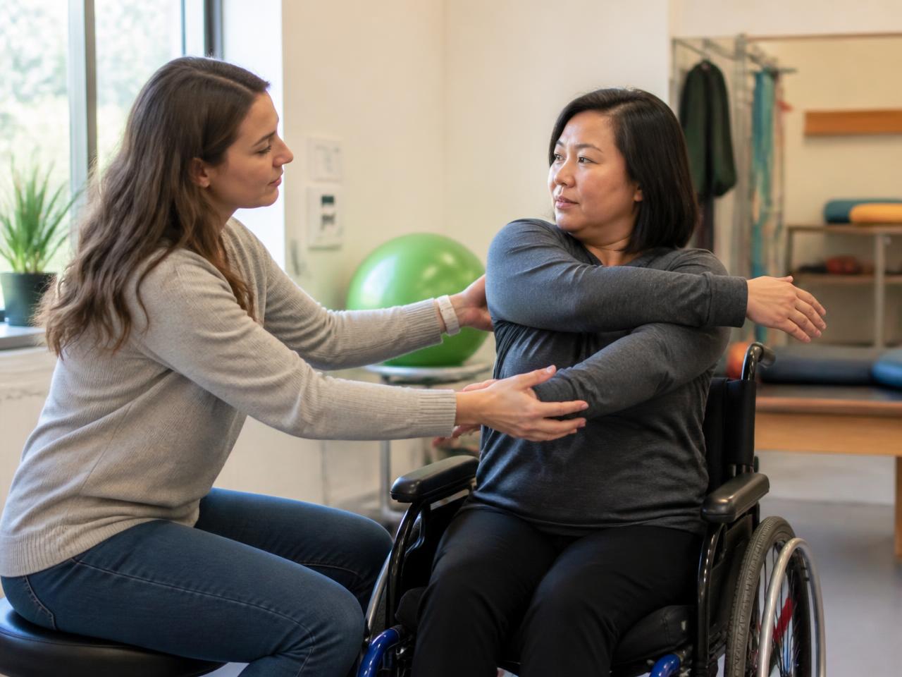 A therapist guiding a seated client through an adaptive reaching movement in a clinic room